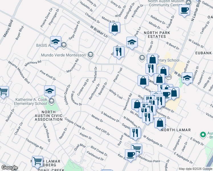 map of restaurants, bars, coffee shops, grocery stores, and more near 10705 Barnhill Drive in Austin