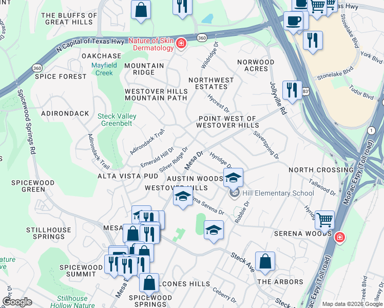 map of restaurants, bars, coffee shops, grocery stores, and more near 4025 Greenhill Place in Austin