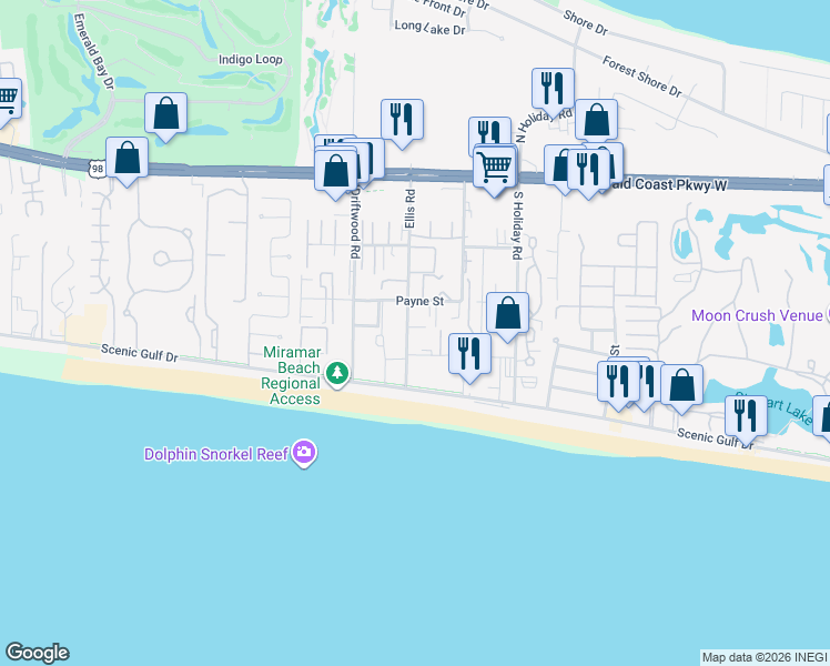 map of restaurants, bars, coffee shops, grocery stores, and more near 101 Ellis Road in Destin