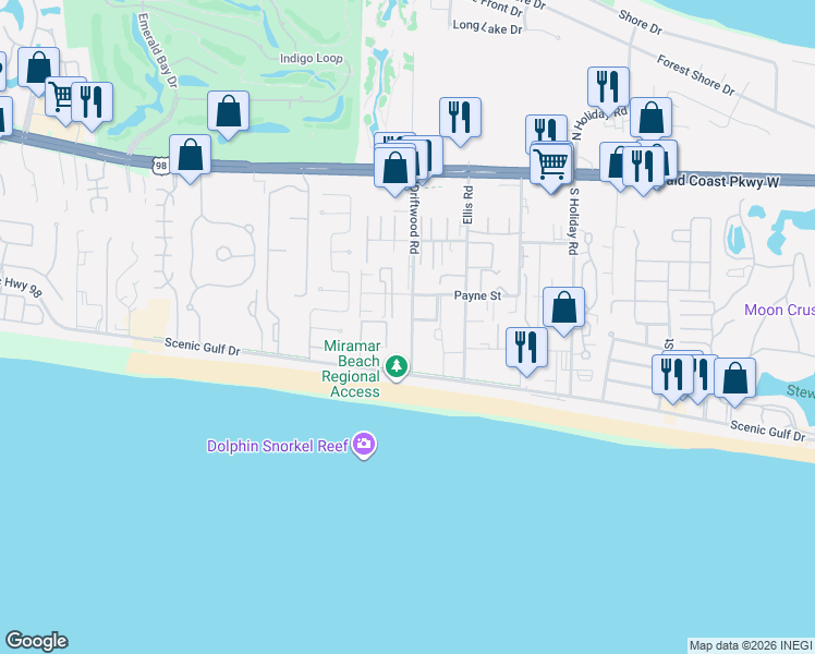 map of restaurants, bars, coffee shops, grocery stores, and more near 17 Newman Drive in Miramar Beach