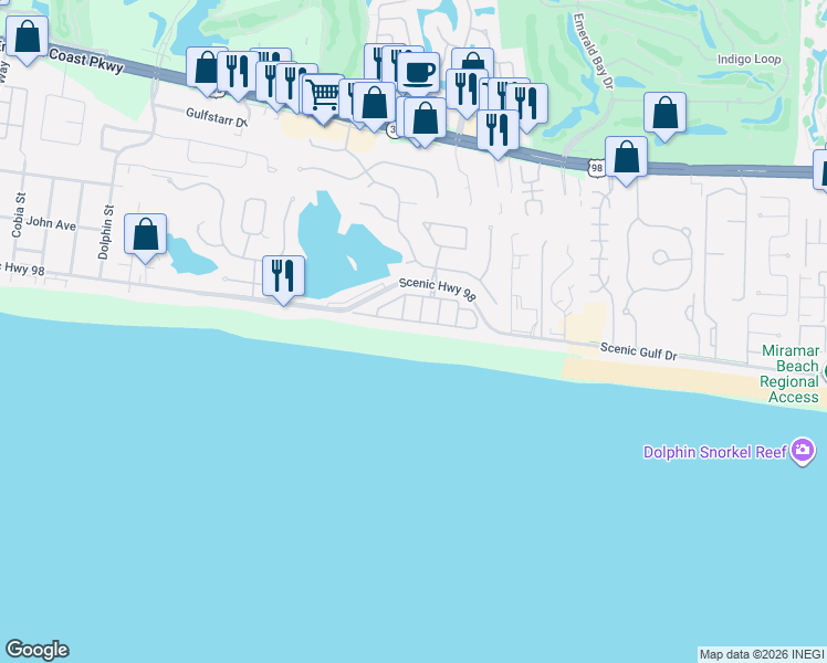 map of restaurants, bars, coffee shops, grocery stores, and more near 4726 Ocean Boulevard in Destin