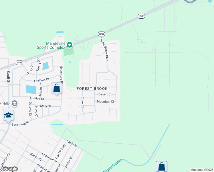 map of restaurants, bars, coffee shops, grocery stores, and more near 2830 Mesa Court in Mandeville