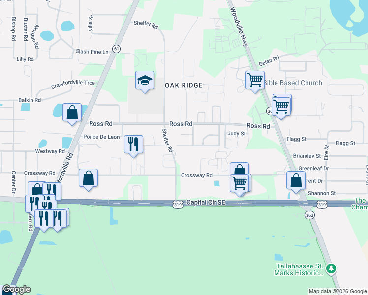 map of restaurants, bars, coffee shops, grocery stores, and more near 267 Oakview Drive in Tallahassee