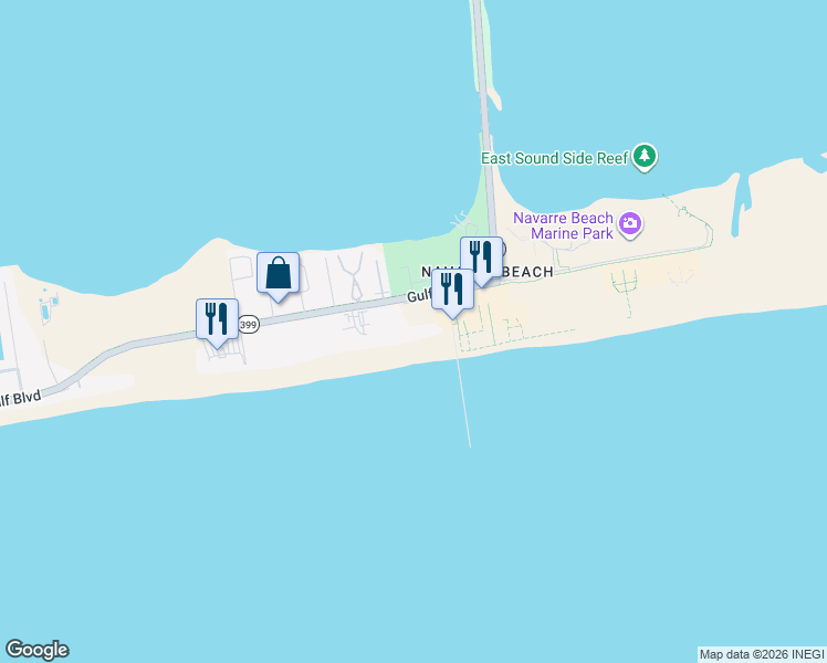 map of restaurants, bars, coffee shops, grocery stores, and more near 8575 Gulf Boulevard in Navarre