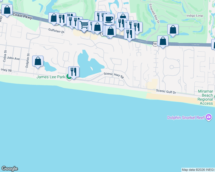 map of restaurants, bars, coffee shops, grocery stores, and more near 4726 Ocean Boulevard in Destin