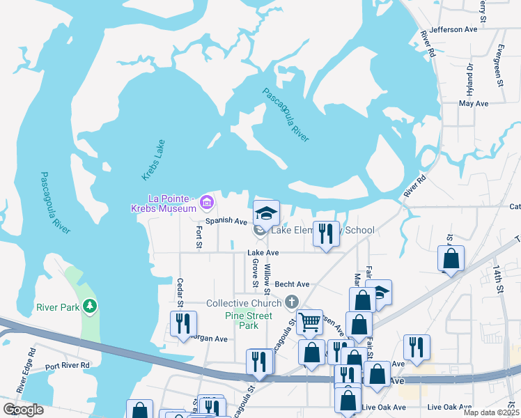 map of restaurants, bars, coffee shops, grocery stores, and more near in Pascagoula