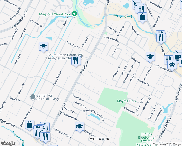 map of restaurants, bars, coffee shops, grocery stores, and more near 8902 Southlawn Drive in Baton Rouge
