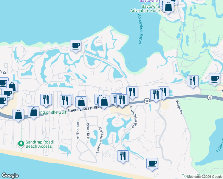 map of restaurants, bars, coffee shops, grocery stores, and more near 525 Augusta Way in Miramar Beach