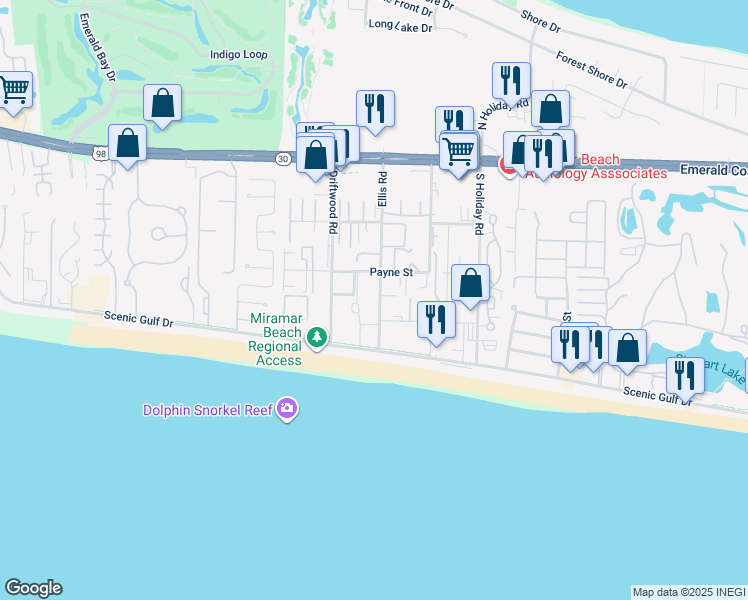 map of restaurants, bars, coffee shops, grocery stores, and more near 135 Ellis Road in Miramar Beach