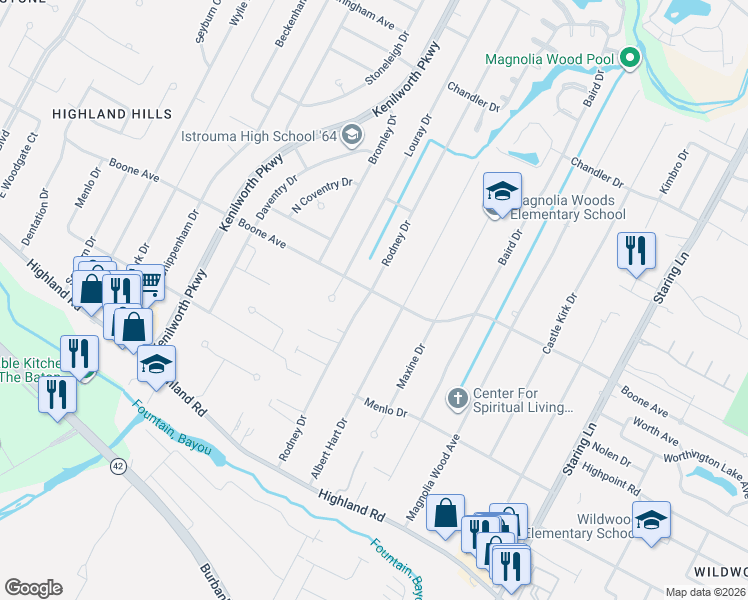 map of restaurants, bars, coffee shops, grocery stores, and more near 465 Albert Hart Drive in Baton Rouge