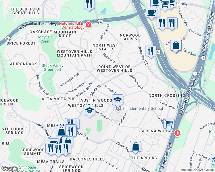 map of restaurants, bars, coffee shops, grocery stores, and more near 4010 Hyridge Drive in Austin