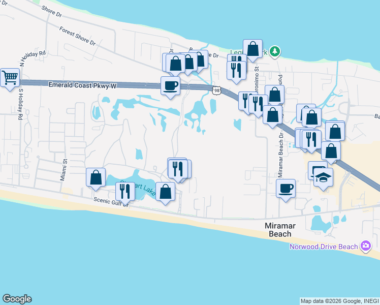 map of restaurants, bars, coffee shops, grocery stores, and more near 121 Seascape Drive in Miramar Beach