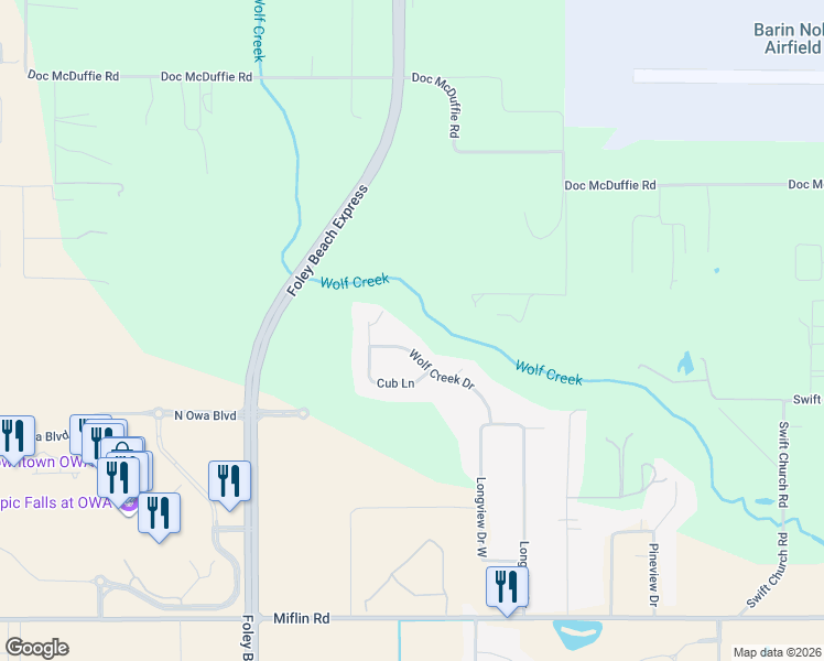 map of restaurants, bars, coffee shops, grocery stores, and more near 22215 Wolf Creek Drive in Foley