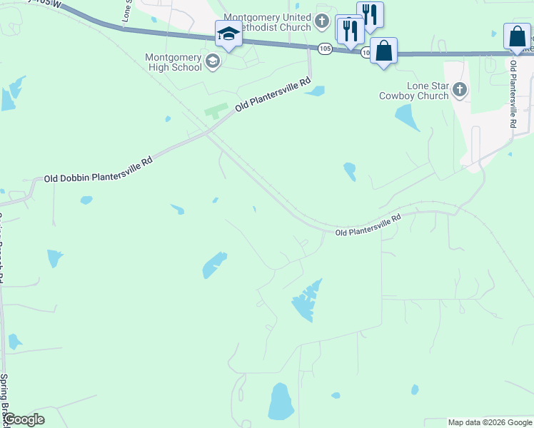 map of restaurants, bars, coffee shops, grocery stores, and more near Old Plantersville Road in Montgomery