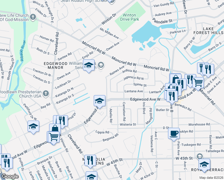 map of restaurants, bars, coffee shops, grocery stores, and more near 2660 Lantana Avenue in Jacksonville