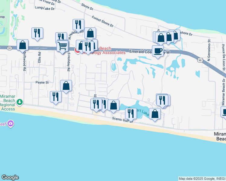 map of restaurants, bars, coffee shops, grocery stores, and more near 20 North Driftwood Bay in Miramar Beach