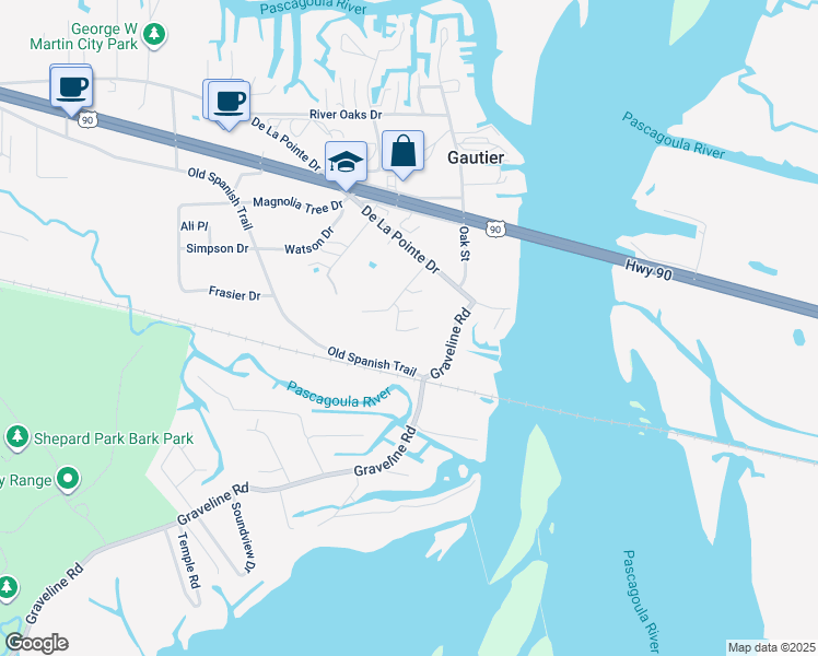 map of restaurants, bars, coffee shops, grocery stores, and more near 1500 Dubarry Drive in Gautier
