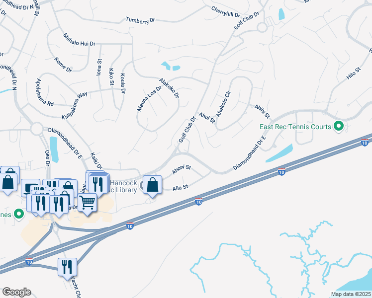 map of restaurants, bars, coffee shops, grocery stores, and more near 6226 Diamondhead Drive East in Diamondhead