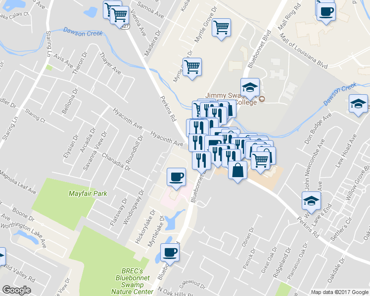 map of restaurants, bars, coffee shops, grocery stores, and more near in Baton Rouge