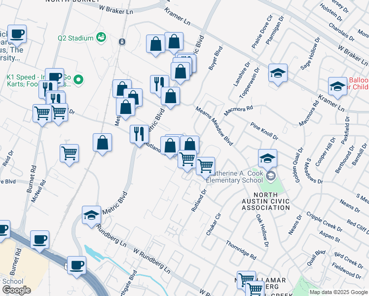 map of restaurants, bars, coffee shops, grocery stores, and more near 1812 Rutland Drive in Austin