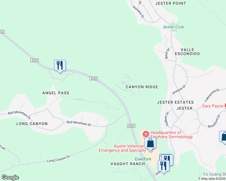 map of restaurants, bars, coffee shops, grocery stores, and more near 8100 Ranch Road 2222 in Austin