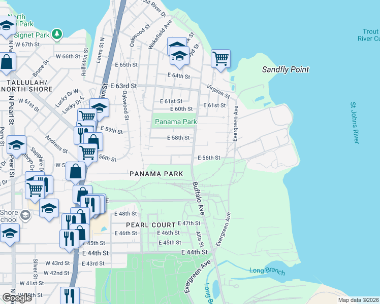 map of restaurants, bars, coffee shops, grocery stores, and more near 626 East 56th Street in Jacksonville