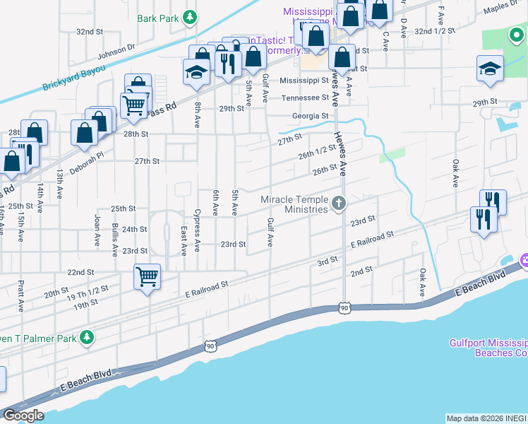 map of restaurants, bars, coffee shops, grocery stores, and more near 808 24th Street in Gulfport