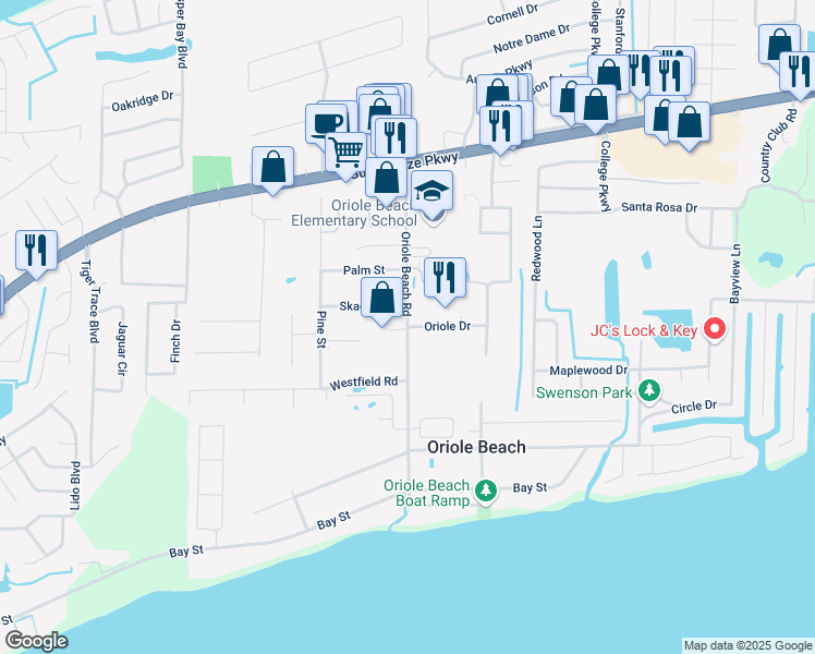 map of restaurants, bars, coffee shops, grocery stores, and more near Oriole Beach Road in Gulf Breeze