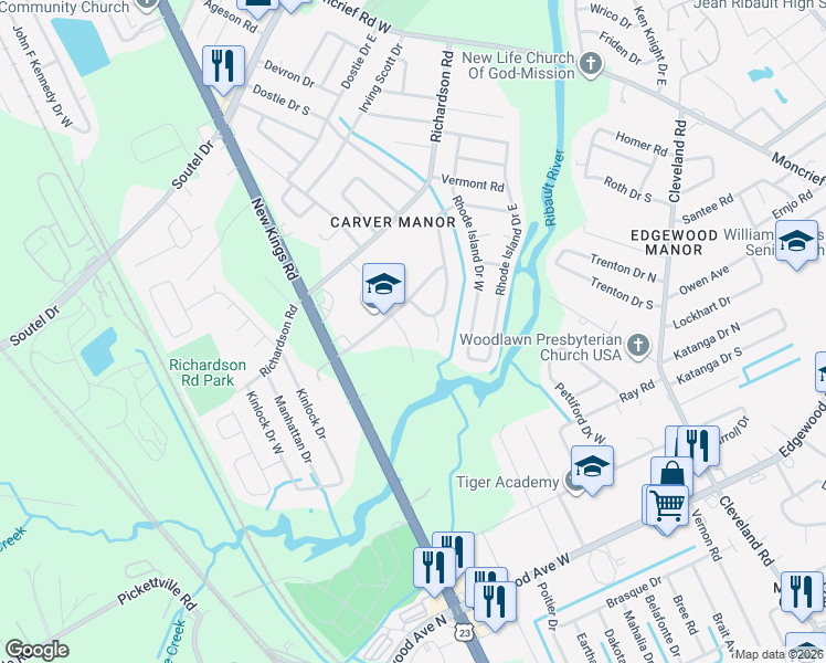 map of restaurants, bars, coffee shops, grocery stores, and more near 6554 Ribault Road in Jacksonville