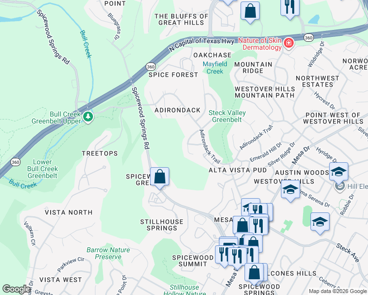 map of restaurants, bars, coffee shops, grocery stores, and more near 8308 Appalachian Drive in Austin