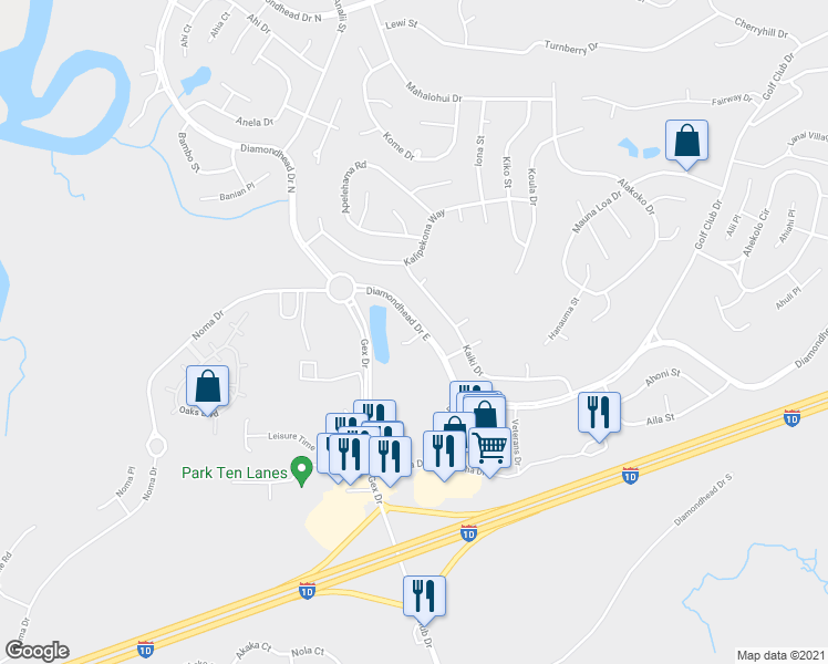 map of restaurants, bars, coffee shops, grocery stores, and more near 5420 Diamondhead Drive East in Diamondhead