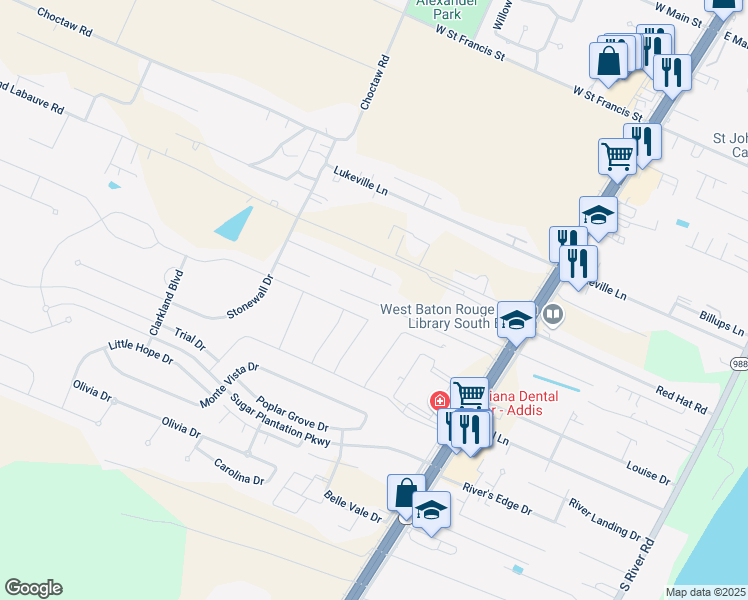 map of restaurants, bars, coffee shops, grocery stores, and more near 3628 Borruano Acres in Brusly