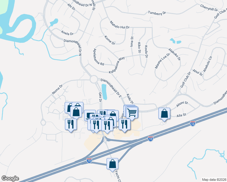 map of restaurants, bars, coffee shops, grocery stores, and more near 5420 Diamondhead Drive East in Diamondhead