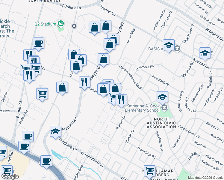 map of restaurants, bars, coffee shops, grocery stores, and more near 1812 Rutland Drive in Austin
