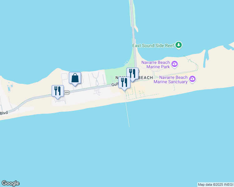 map of restaurants, bars, coffee shops, grocery stores, and more near 8575 Gulf Boulevard in Navarre
