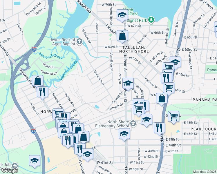 map of restaurants, bars, coffee shops, grocery stores, and more near 415 Duray Street in Jacksonville