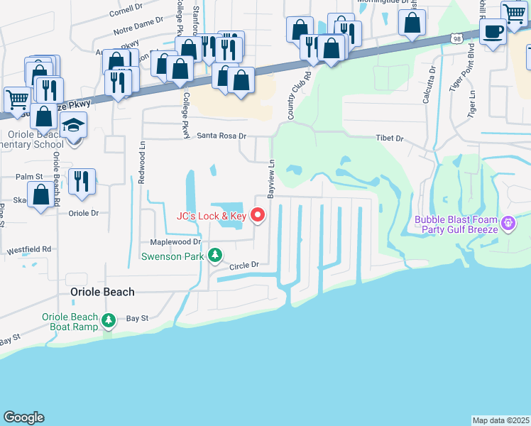 map of restaurants, bars, coffee shops, grocery stores, and more near 1149 Bayview Lane in Gulf Breeze
