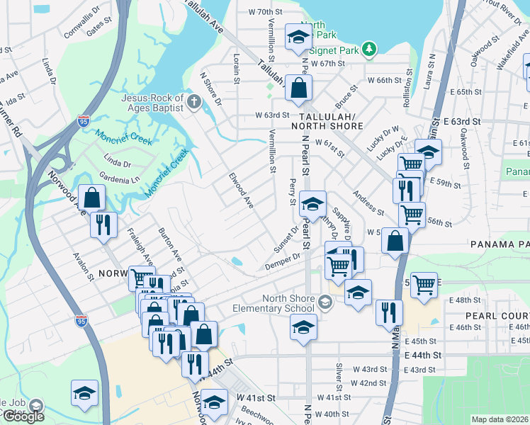 map of restaurants, bars, coffee shops, grocery stores, and more near 415 Duray Street in Jacksonville
