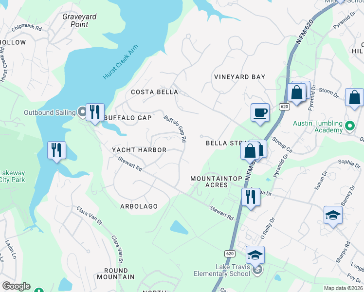 map of restaurants, bars, coffee shops, grocery stores, and more near 1305 Buffalo Gap Road in Austin