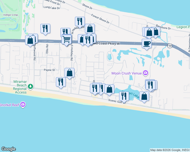 map of restaurants, bars, coffee shops, grocery stores, and more near 228 Miami Street in Miramar Beach