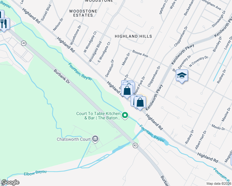 map of restaurants, bars, coffee shops, grocery stores, and more near 7210 Highland Road in Baton Rouge