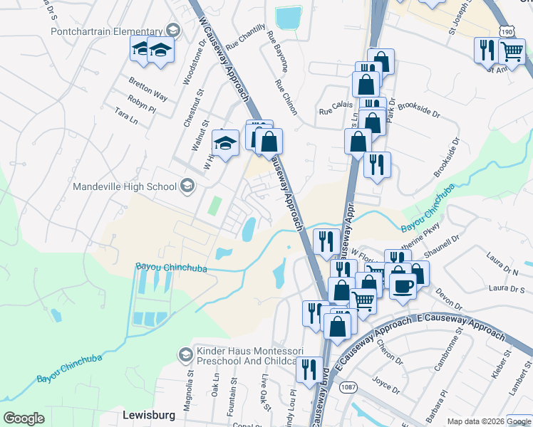 map of restaurants, bars, coffee shops, grocery stores, and more near 1200 Chinchuba Creek Boulevard in Mandeville