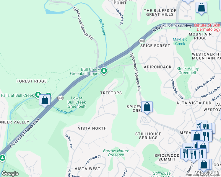 map of restaurants, bars, coffee shops, grocery stores, and more near 5217 Old Spicewood Springs Road in Austin