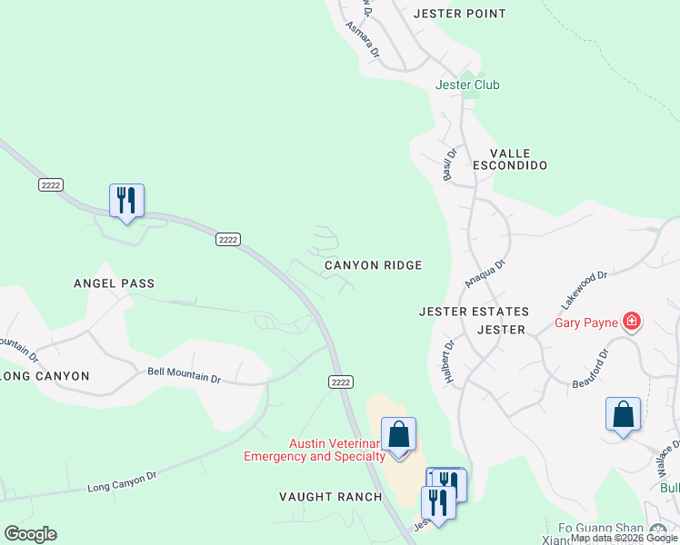 map of restaurants, bars, coffee shops, grocery stores, and more near 7910 Ranch to Market Road 2222 in Austin