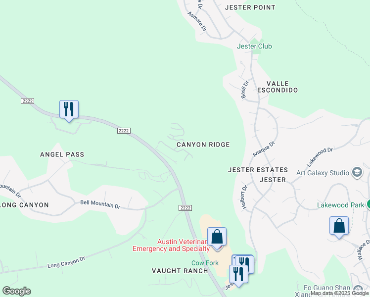 map of restaurants, bars, coffee shops, grocery stores, and more near 8110 Ranch Road 2222 in Austin