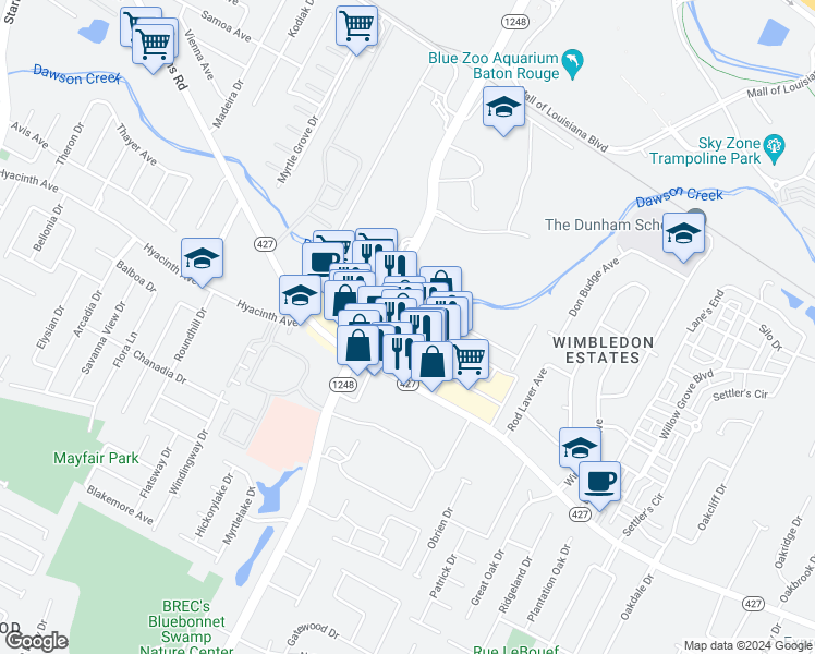 map of restaurants, bars, coffee shops, grocery stores, and more near 7707 West Market Street in Baton Rouge
