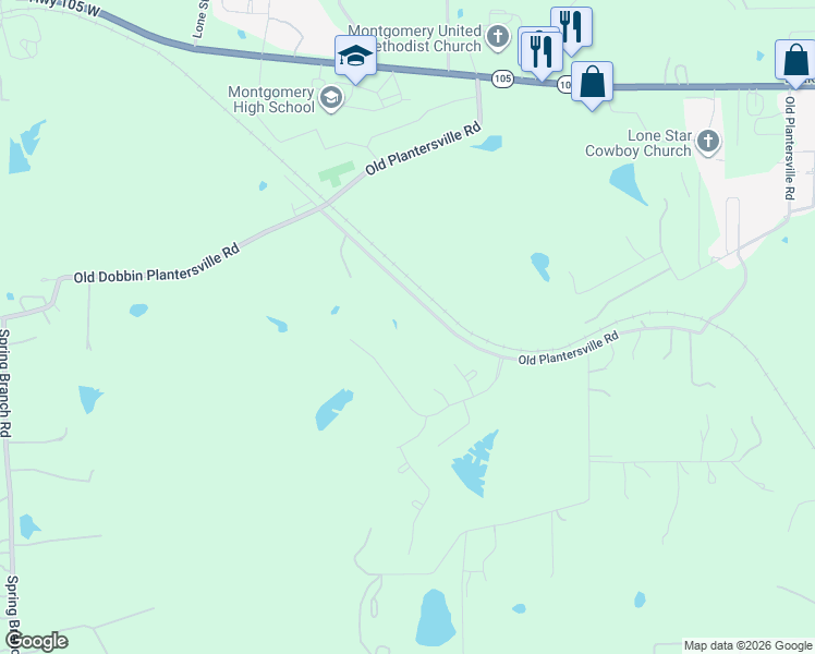 map of restaurants, bars, coffee shops, grocery stores, and more near Old Plantersville Road in Montgomery
