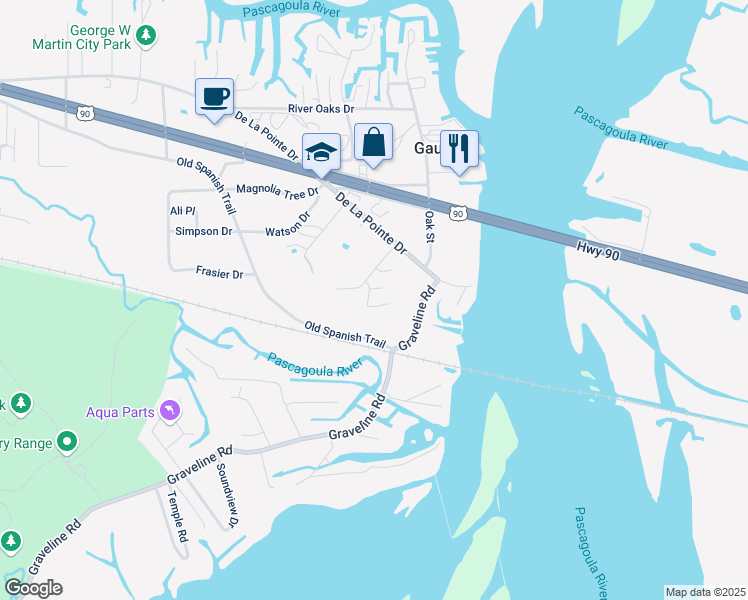 map of restaurants, bars, coffee shops, grocery stores, and more near 2804 Dubarry Drive in Gautier