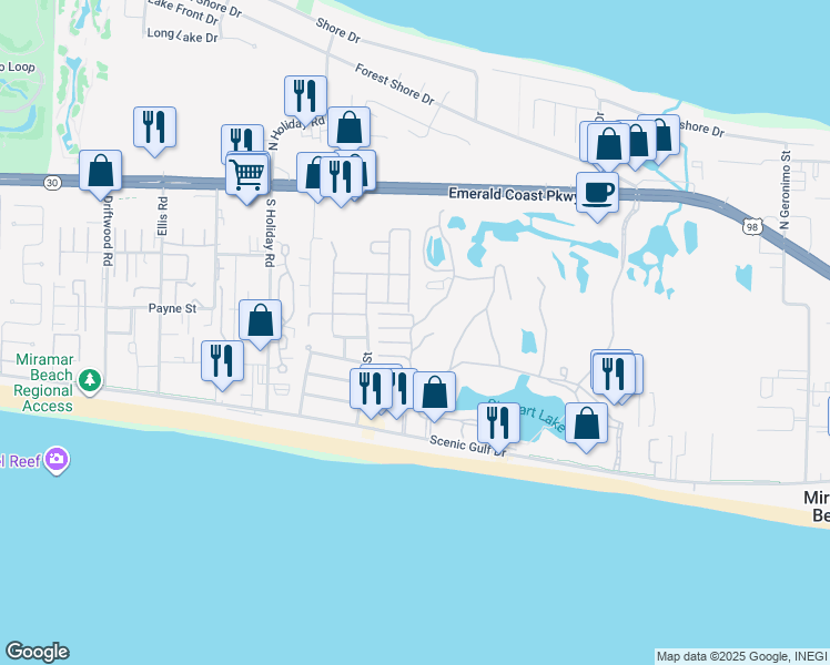 map of restaurants, bars, coffee shops, grocery stores, and more near 20 North Driftwood Bay in Miramar Beach