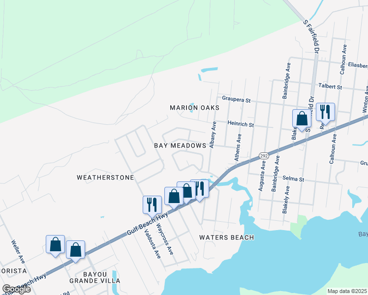 map of restaurants, bars, coffee shops, grocery stores, and more near 7875 Bay Meadows Drive in Pensacola